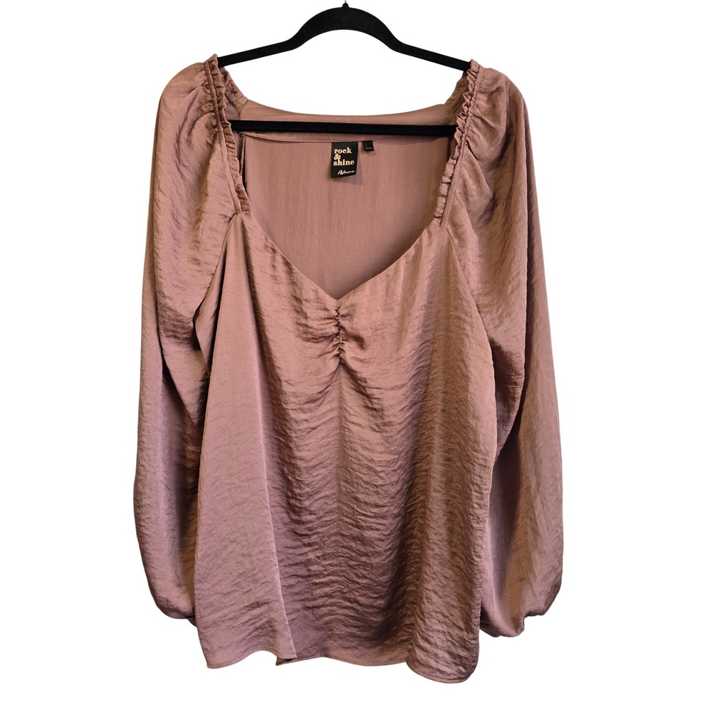 Rock‎ & Shine Reitmans Mauve Satin Blouse Sweetheart Neck Ruched XXL Long Sleeve